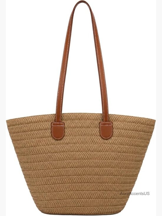 Handbags - Large Woven Straw Beach Tote, Zippered with Leather Straps, Summer Handbag